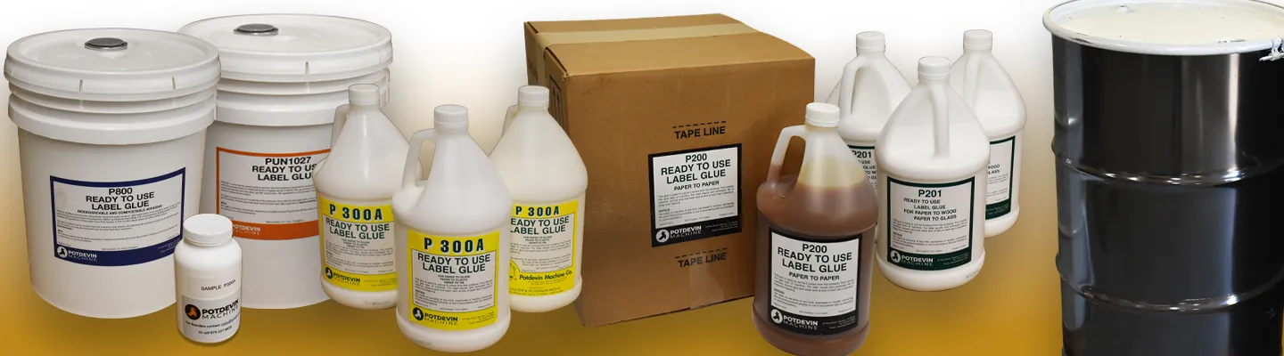 Potdevin label glue products — buckets, gallons, jugs, drum, and box